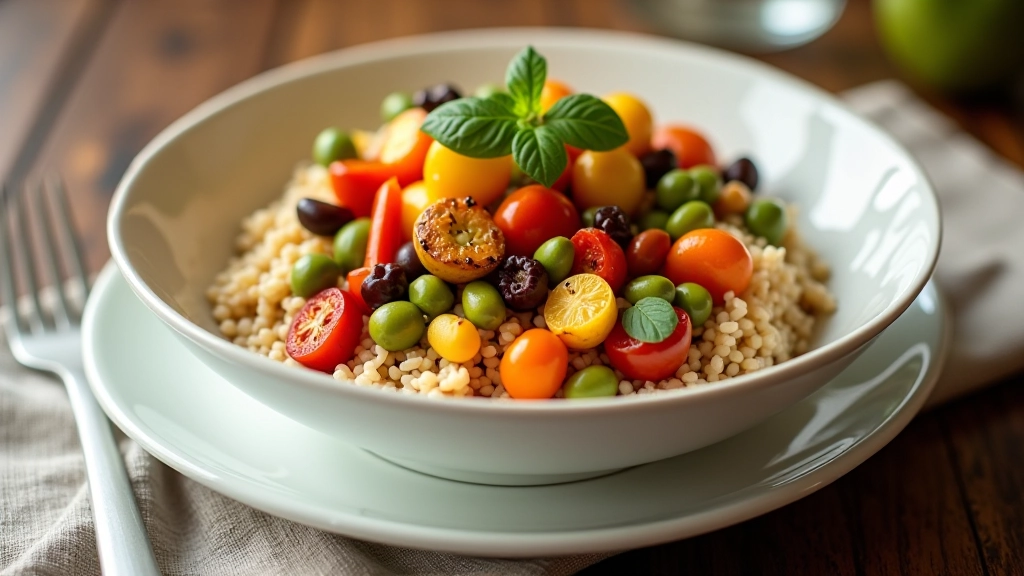 Prato com legumes coloridos, feijão e arroz integral em prato de cerâmica branca