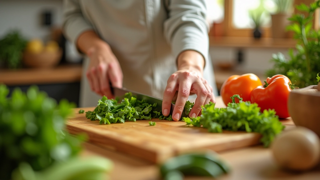 Mãos preparando ingredientes frescos em bancada de cozinha portuguesa