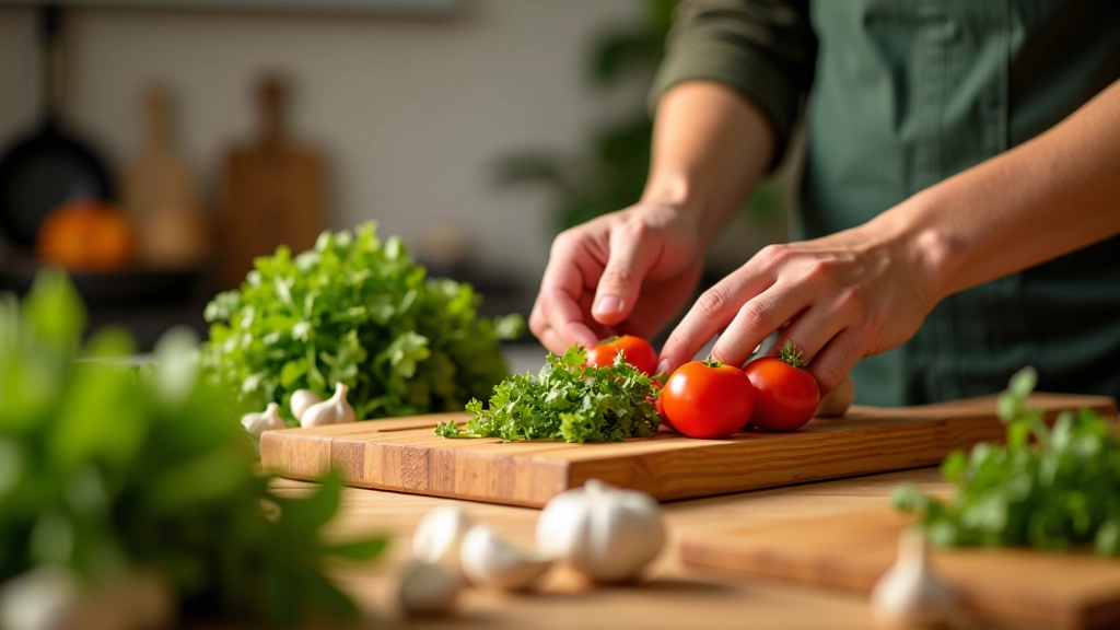 Mãos preparando ingredientes frescos em uma bancada de cozinha com ervas aromáticas