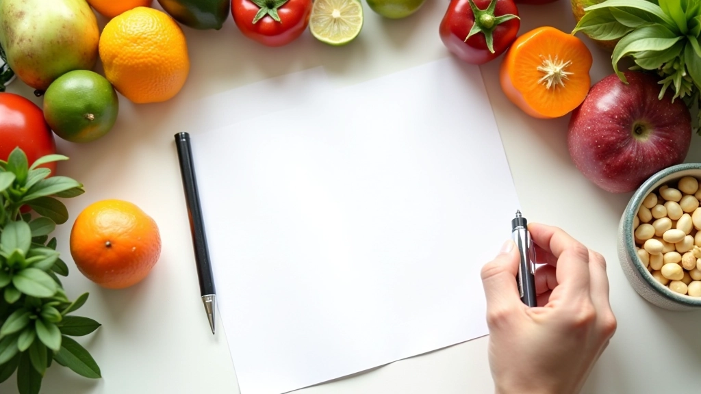 Plano semanal de refeições escrito em papel com caneta ao lado de ingredientes frescos