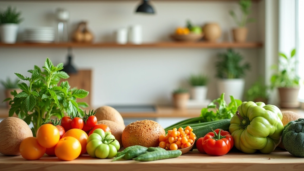 Cozinha moderna com ingredientes à base de plantas, receitas veganas e alimentos naturais portugueses