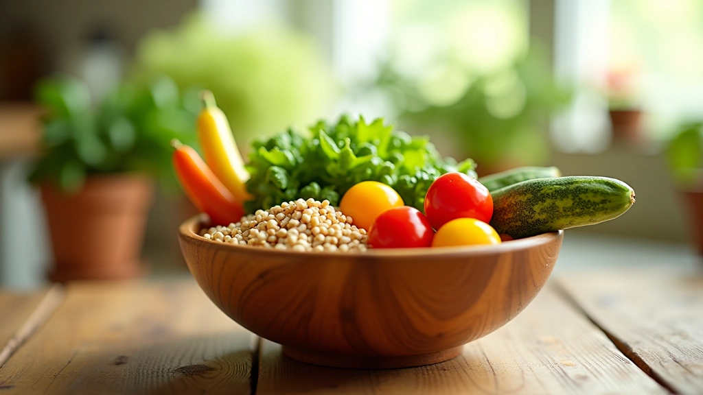 Tigela com ingredientes frescos à base de plantas em cozinha moderna